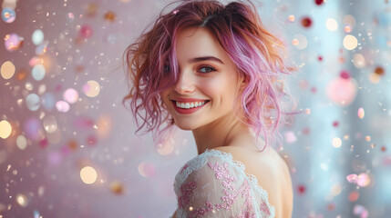 Naklejka premium Purple hair woman in a gown with embroidery smiling at evening celebration festive birthday valentine