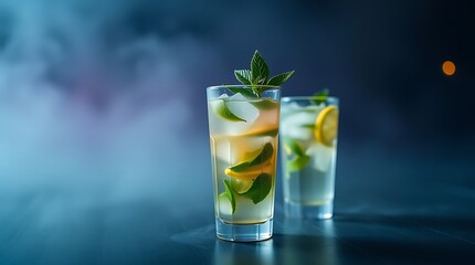 Close-up view of mojito cocktail in glasses on dark wooden table, cocktail drinks concept
