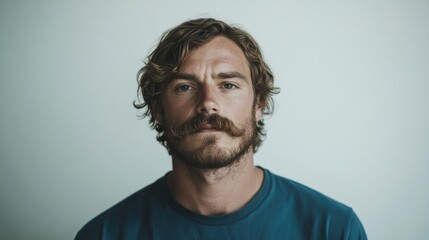 Fototapeta premium A portrait of an attractive man with medium-length hair and long straight moustache 