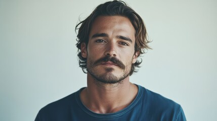 Obraz premium A portrait of an attractive man with medium-length hair and long straight moustache 