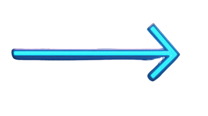 Blue neon arrow pointing right on transparent background