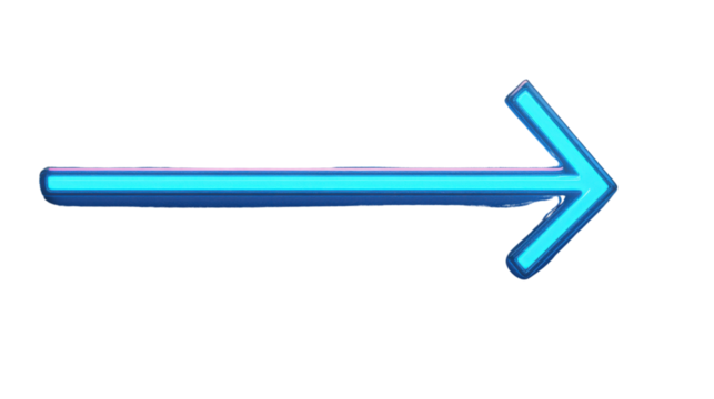 Blue neon arrow pointing right on transparent background