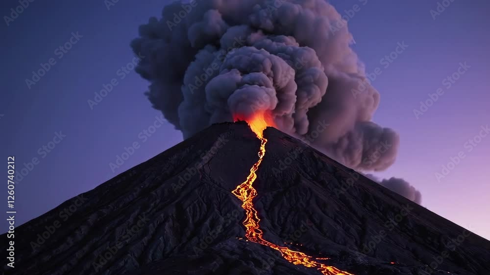Poster molten lava flows down the side of an erupting volcano, creating a dramatic display of nature's powe