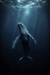 Naklejka premium A humpback whale gliding through the deep blue ocean. The color palette is dark silver and light navy.