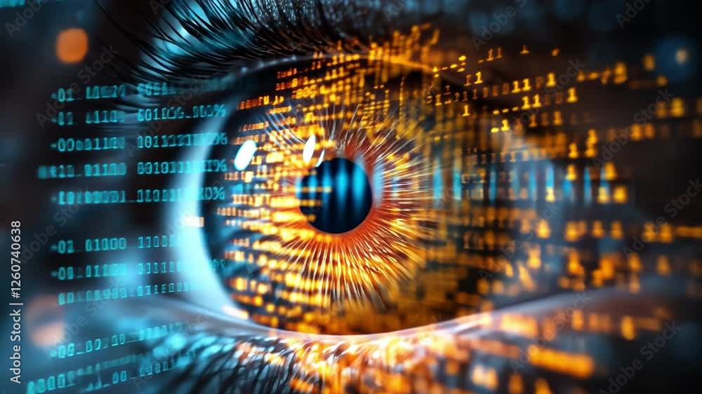 Leinwandbilder Digital Eye of Data: A mesmerizing close-up of a human eye overlaid with streams of vibrant, flowing digital code, symbolizing the intersection of human perception and the digital age.