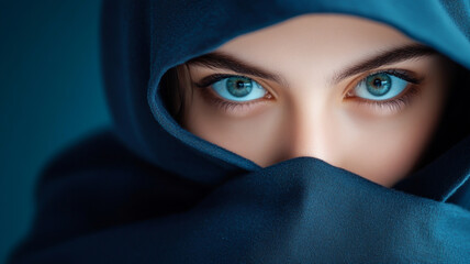 Naklejka premium Intriguing portrait of hooded figure with striking blue eyes, evoking mystery