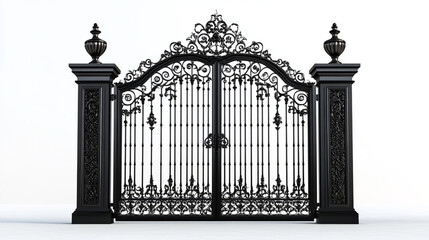 Ornate black wrought iron gates with a majestic gothic design, featuring intricate patterns and arches