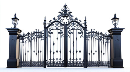 Ornate black wrought iron gates with a majestic gothic design, featuring intricate patterns and arches