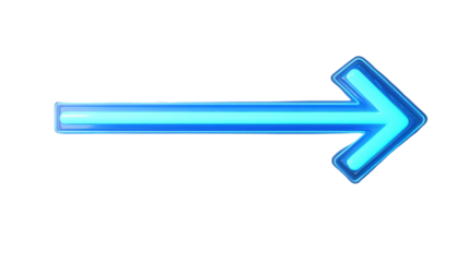 Horizontal blue neon arrow pointing right on transparent background