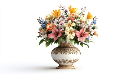 Ornate floral arrangement in a decorative vase with colorful blooms, set against a clean white background