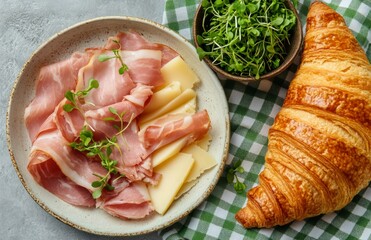 Small plate with ham cheese slices and fresh microgreens