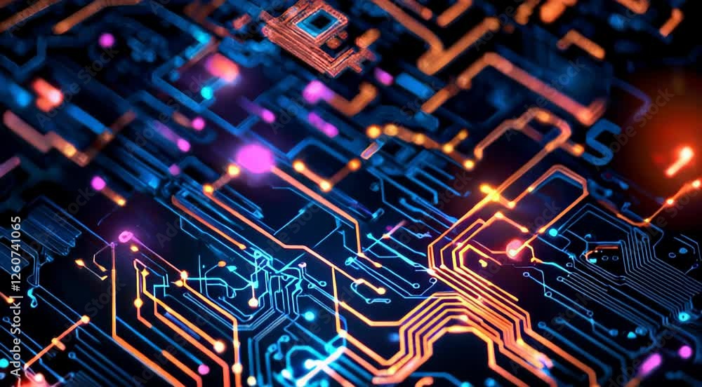 Poster intricate abstract circuit board design featuring vibrant glowing lines and colorful nodes, represen
