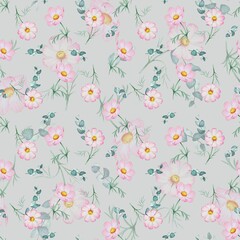Delicate hand drawn seamless watercolor pattern with pink flowers branches green leaves eucalyptus repeating on blue grey background. Plant design for textiles, wallpapers, cards and packaging.