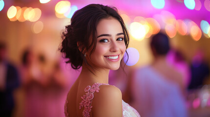 Fototapeta premium Arabian woman in a gown with embroidery smiling at evening celebration festive birthday valentine