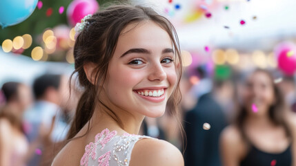 Fototapeta premium Brunette woman in a gown with embroidery smiling at evening celebration festive birthday valentine