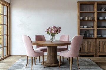 Cozy Scandinavian Dining Room with Wooden Table and Elegant Pink Chairs