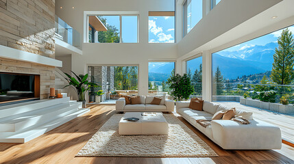 Luxury living room boasting stunning mountain views and modern design