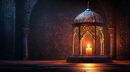 A beautifully crafted ornamental Arabic lantern casts a soft glow, illuminating traditional patterns against a dark backdrop