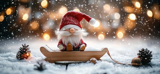 Cute Christmas Scene with a Gnome on a Sled Surrounded by Snow and Bokeh Lights