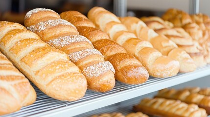 Bakery display of fresh baguettes and loaves
