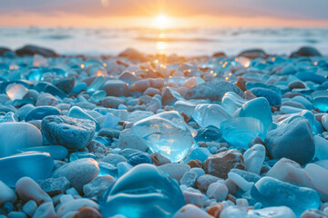Obraz premium Stunning blue glass and stones shimmering at sunset by the ocean shore