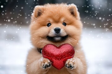 Obraz premium Cute chow dog with sparkling rhinestones red heart on a walk in a winter park. Commercial domestic animal conceptual art. Chow - my beloved dog, symbol of friendship. Love in winter.