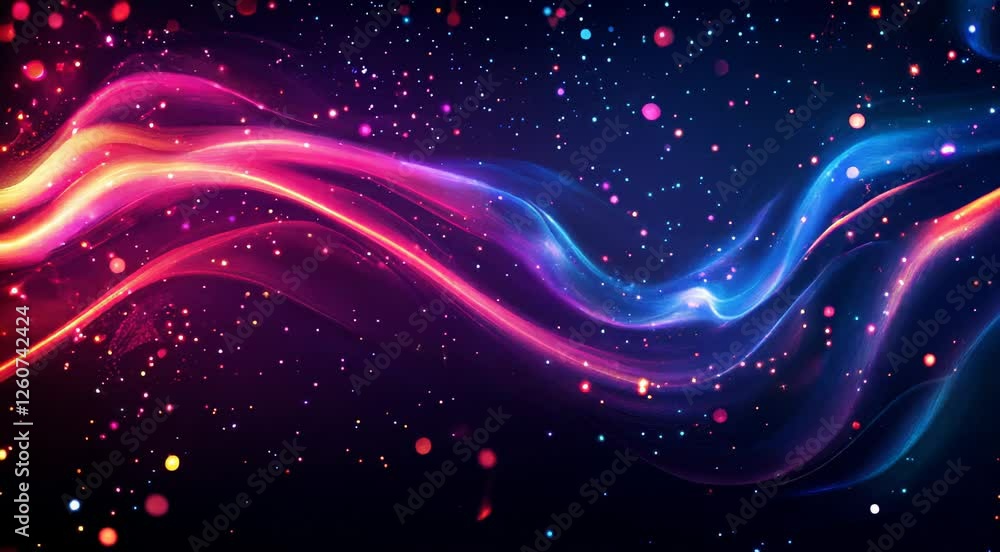 Poster vibrant abstract waves in shades of pink and blue, interspersed with sparkling particles, create a m