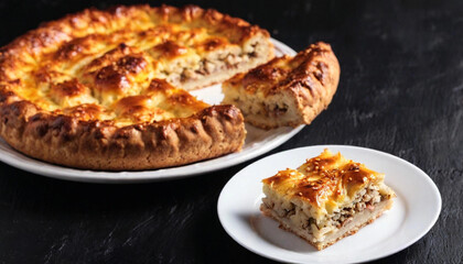 Ground Level Shot. one white baking bowl plate with cut Danubio Salato pie, savory pull-apart bread is topped with baked pie balls.  some slices of the pie are missed, so the filled ham meat inside of