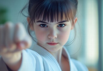 A young girl is standing with her fist raised, looking at the camera