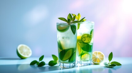 Mojito cocktail - summer drink set isolated on white