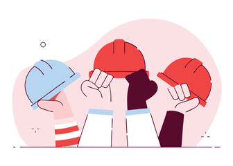 United Workers. Labor Day Hard Hats and Safety Helmets unity hands union vector   
