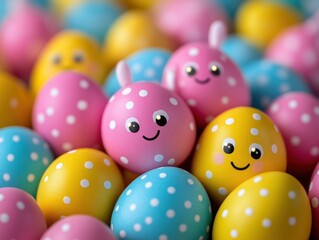 Fototapeta premium Colorful Easter eggs with a bunny in a basket
