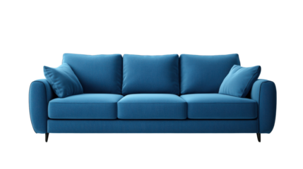 Modern blue sofa isolated on transparent background representing comfort and style