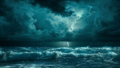 Fototapeta premium Stormy sky with lightning and sea waves. 3d illustration.