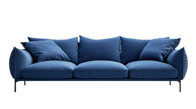 Modern blue sofa isolated on transparent background with pillows