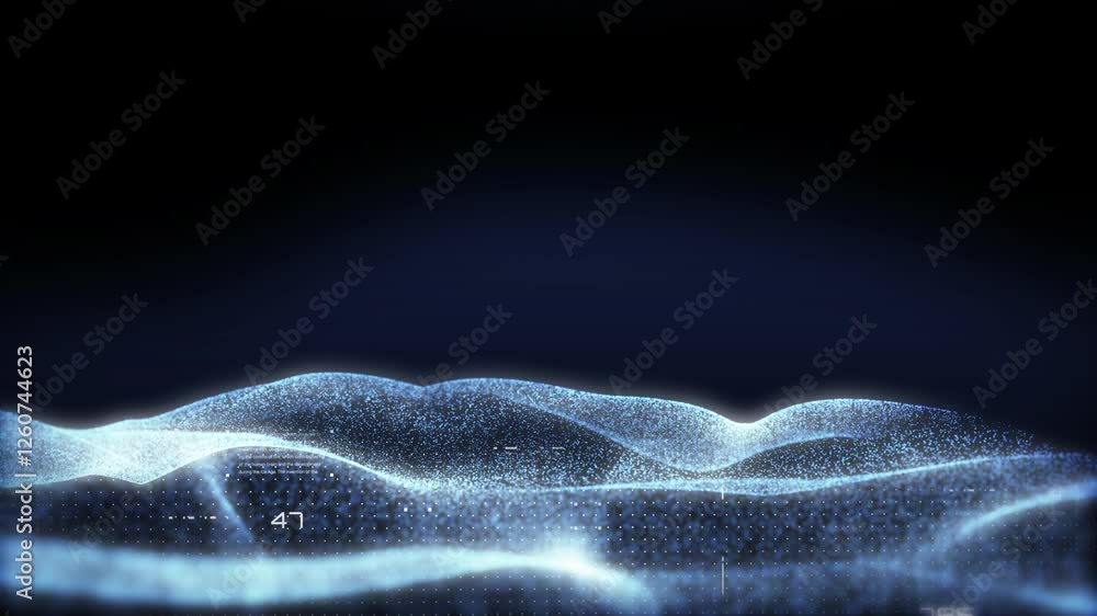 Poster Futuristic Glow Blue Dynamic Wave With HUD Element Security Data Flow Communication DOF 4K Motion Background.