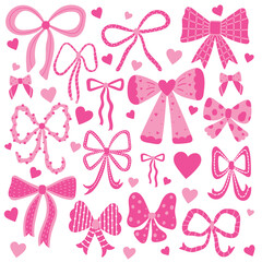 Set with pink various cute bow knots, gift ribbons on a transparent background. Hand drawn vector illustration. Can be used in textile industry, paper, background, scrapbooking.