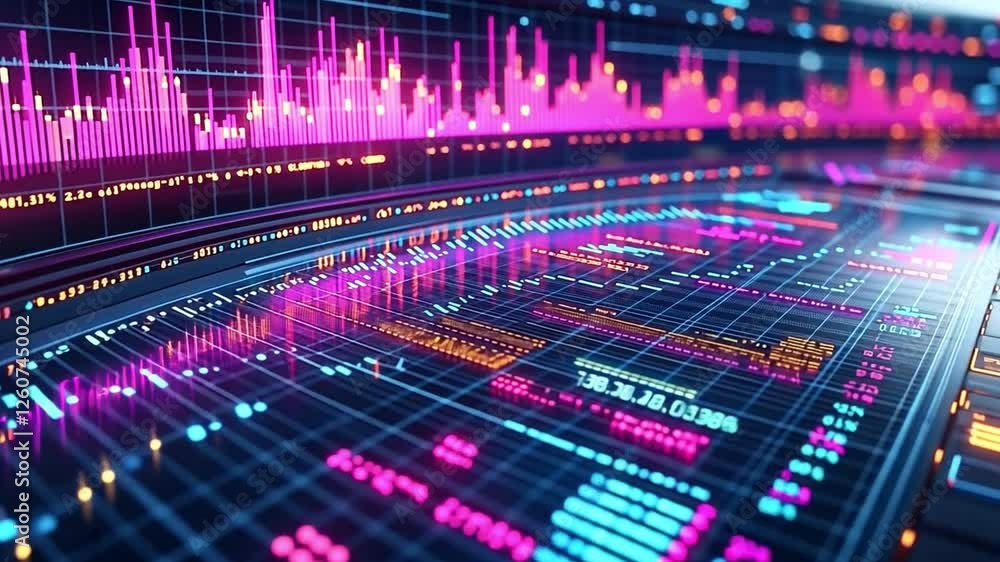 Fototapete Digital Data Stream: Abstract visualization of dynamic data flow, vibrant neon colors illuminating complex information patterns. perfect for illustrating technological advancements, financial markets.