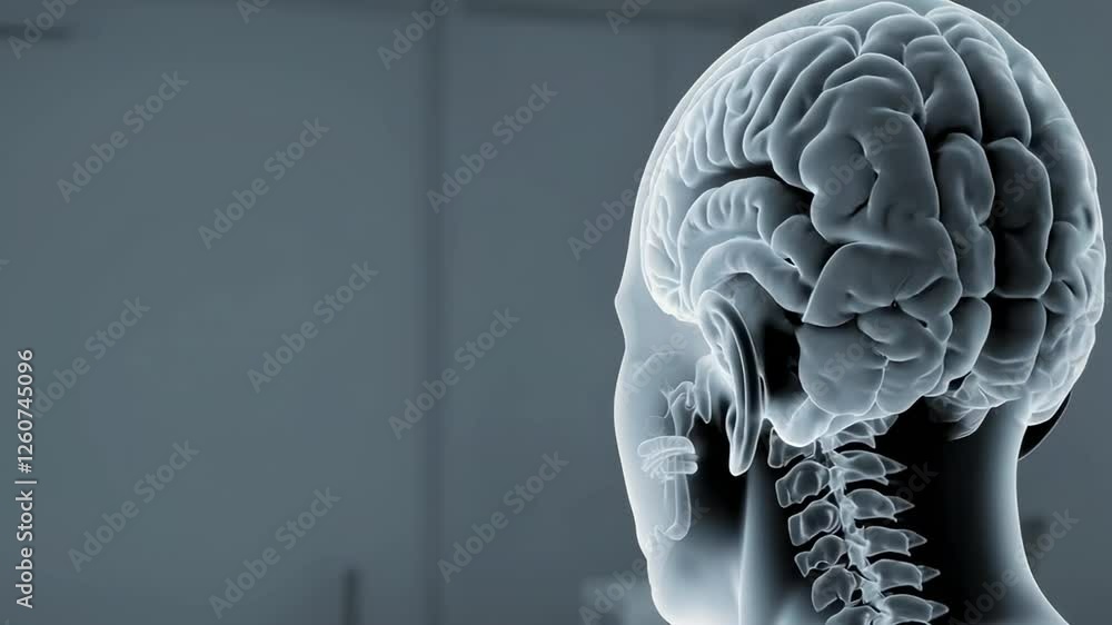 Poster transparent rotating human head showing brain anatomy, cerebrum, cerebellum, brainstem and spinal co