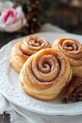 Fototapeta premium Cinnamon Roll Still Life with Golden Pastry Freshly Baked Delicious Swirl Patterns Textured Plate Warm Light