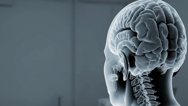 Transparent rotating human head showing brain anatomy, cerebrum, cerebellum, brainstem and spinal cord, in a seamless loop with slow motion