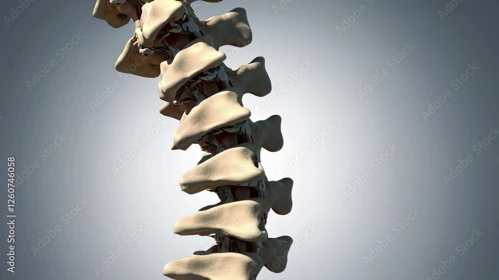 Poster Medical grade spine rotating smoothly, revealing complex vertebral architecture and biomechanical flexibility through precise anatomical 3d rendering
