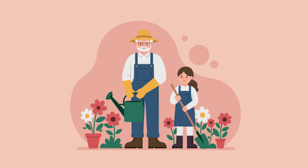 Gardening scene featuring a man and a girl in flat design style showcasing vibrant flowers and plants in vector art