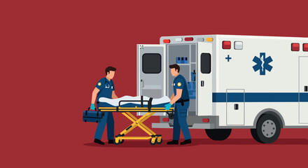 Ambulance scene with paramedics loading patient, featuring flat design style, digital colors, and clean lines, vector illustration