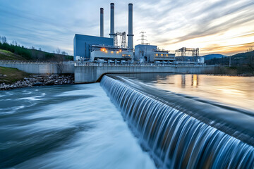 Obraz premium Water cascading over dam with power plant in background