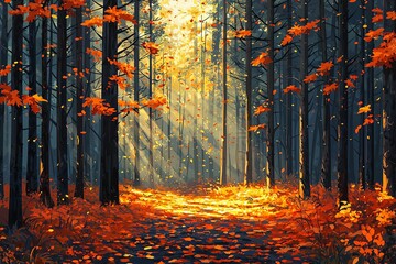 A dense pine forest in autumn, with fallen leaves covering the ground and golden light filtering through the trees.