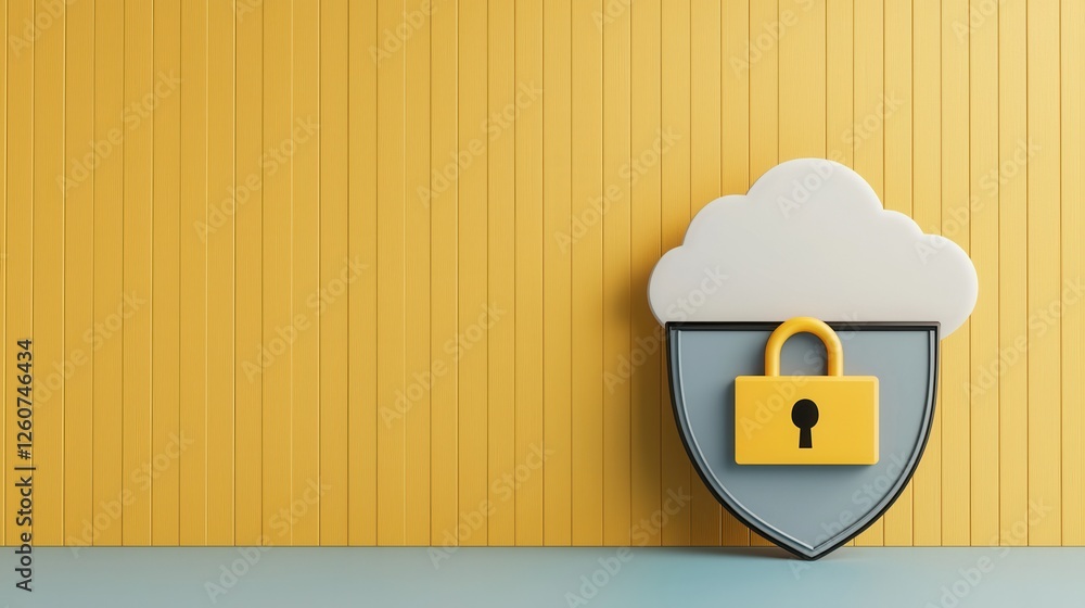 Poster cloud security concept with shield and lock on yellow background