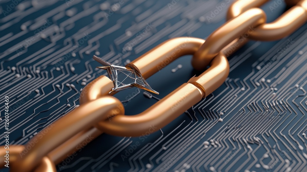 Poster golden link chain with digital circuit background and network symbol