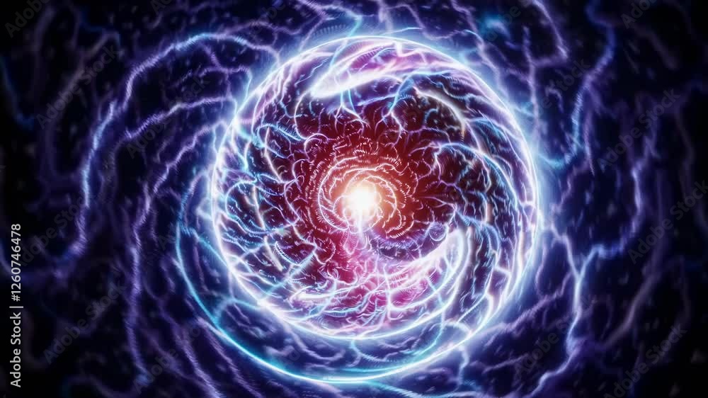 Poster a dynamic, swirling vortex of neon lights in a top-down view, creating a futuristic and energetic vi