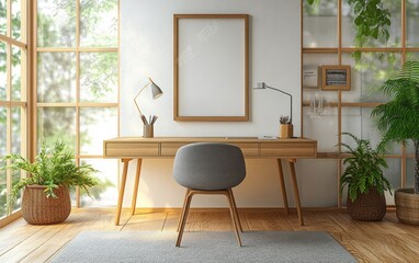 Minimalist Home Office Design with Wooden Desk and Gray Chair in Scandinavian Style